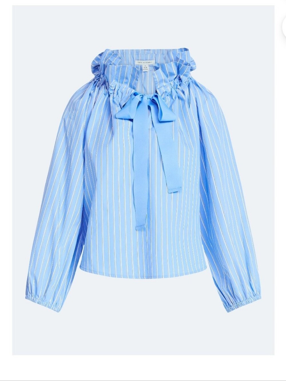 Free Assembly Women's Ruffle Tie Neck Cotton Top with Long Puff Sleeves,